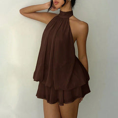 LIZAKOSHT - Beach Vacation Summer Ruffles Mini Sleeveless Dress Women's Fashion Solid Color Hanging Neck Open Back Pleated Dresses