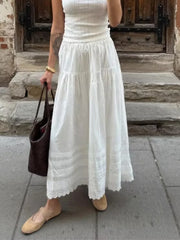 LIZAKOSHT - White High Waist Lace Long Skirt Female Pleated Casual Basic Summer Solid Loose Elegant Maix Skirt Women's Clothes Femme