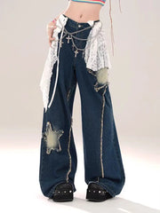LIZAKOSHT - Jeans Raw Edge Star Patch Design High Waist American Retro Vibe Women'S Summer New Loose Slimming Wide Leg Trousers