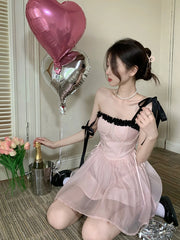 LIZAKOSHT - Sweet Y2k Pink Mini Dress Women Summer Princess Style Spaghetti Strap Pearl Beading Party Holiday Dress Retro Vestido Sundress