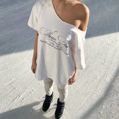 LIZAKOSHT - Off Shoulder T-Shirts Women's Loose Fit American Streetwear Top Sleeve Casual T with Letter Summer Y2K O-Neck Blouses
