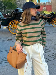 Lizakosht Green Stripe Knitted O-neck Casual Jumper For Women Long Sleeve Ribbed Cuff Loose Elegant Sweater Fall Winter Chic Lady Pullover