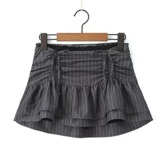 LIZAKOSHT - Y2K Cool Girls Drawstring Striped Mini Skirts Women Sexy Low Waist Lace Trim Summer Skirts