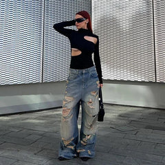 LIZAKOSHT - High Street Hip-hop Ripped Jeans Spicy Girl Y2K Loose Casual Pants Spring/summer Women's Fashionable Wide Leg Pants