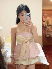 LIZAKOSHT - Sweet Korean Style Knot Tube Top Vest Women's Summer New Pink Waist-Cinching Strapless Shirt Young Women's Fashion