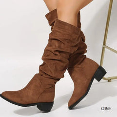 LIZAKOSHT - British Style Chunky Heel Pointy Toe Western Biker Boots Riding Boots New Suede Midi Boots Plus Size Ladies Boots