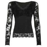 LIZAKOSHT - Sweetown Black Lace V-Neck Slim Fit Long Sleeve Women Blouses Sexy Hottie All-Match Chic Fashion Trendy Clothing