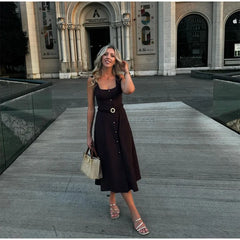 LIZAKOSHT - Elegant Single-Breasted Belt Sling Dress Women Fashion Sleeveless Waist-Cinching Pleated Robe 2025 Female Office New Dresses