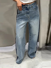 LIZAKOSHT - Street Tassel Loose Jeans Women Contrast Straight Long Pockets High Waist Denim Trousers Female Fashion Autumn Lady Bottoms