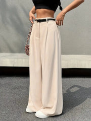 LIZAKOSHT - Plus Size Women's Beige High - Waisted Wide - Leg Trousers with Belt, Elegant & Casual Office - Ready Fashion
