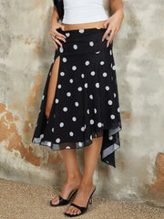 LIZAKOSHT - Polka Dot Printed Irregular Split Women Skirt Black High Waist Ruffles Slim Long Skirt Female Spring Casual Streetwear