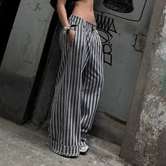 LIZAKOSHT - Wide Leg Pants Striped Low Waist Women Old Money Style American Streetwear Fashion Baggy Trousers Floor-Length Trousers