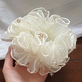 LIZAKOSHT - 1PC White Veil Hydrangea Scrunchie with Crystal Hair Ornament, Elegant Bun Hair Rope, New Style Hair Accessory