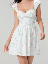 LIZAKOSHT - Women Short Mini Dress Short Sleeve Low-cut Backless Flower Print A-line Dress Summer Female High Waist Vestidos