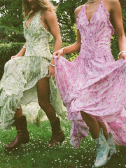 LIZAKOSHT  -  Pleated Trim Dresses Women Hipster Popular Halter V-neck Stacked Irregular Maxi Bodycon Mujer Elegant High Street Frock