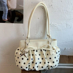 LIZAKOSHT - Polka Dot Ruched Shoulder Bag With Star Pendant Women Bow Decor Large Capacity Hobo Bag Retro Versatile Handbag For Daily Commut