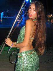 LIZAKOSHT - Sexy Sequin Sling Mini Skirt 2pcs Women Sets Slim Deep V-neck Backless Lace Up Halter Tops A-line Short Skirts Lady Summer Chic