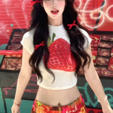 LIZAKOSHT - Sweet Summer All Match Commuter O Neck Short Sleeve Shirts Cute Fruit Print Harajuku Streetwear Girl Clothing Y2k Aesthetic Tops