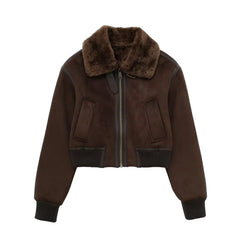 LIZAKOSHT - new Faux Fur Jacket Women Autumn Winter Coat Turn-Down Collar Spliced Coats Zipper Pockets Long Sleeve New Fashion Outerwear