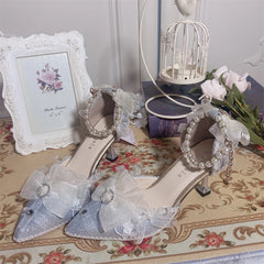 LIZAKOSHT - Pearl Chain Sweet Lace Bowknot Elegant Princess Pointed Sandals Lolita Shoes Silver Wedding Tea Party Cosplay Lolita Shoes