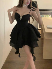 LIZAKOSHT - French Luxury Sweet Dress Women Slim Fit Waist Cinched Spaghetti Strap Puff Mini Dress Birthday Party Princess Fashion Clothes