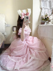 LIZAKOSHT - Gentle Pink Puff Sleeve Op Dress Floral Wedding Lolita Waist Slimming Bow Tail