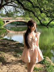 LIZAKOSHT - Women's Design-sensual Straps Lace Spliced little Flying Sleeves Princess Pure and Sweet Waist-hugging Slim Dress