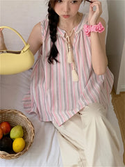 LIZAKOSHT - Pink Tank Tops Women Stripes Sweet OL Sleeveless Chic Loose Gentle New Casual Office Lady Slim Sexy Outwear