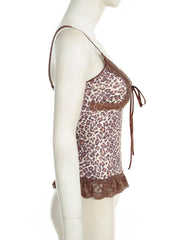 LIZAKOSHT - Sexy Leopard Print Patchwork Lace Vest Sleeveless Streetwear Aesthetic Camis Harajuku Slim 2000s Tops Grunge Fairycore