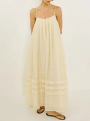 LIZAKOSHT - Casual Loose Pleated Sling Long Dress Women Chic Simple Beige Sleeveless Low Cut Holiday Dresses Lady Retro Summer Beach Vestido