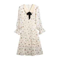 LIZAKOSHT - French Small Fresh Sweet Chiffon Print Dresses Women Spring Summer Flare Sleeve Fashion Peter Pan Collar Dress Female High Waist