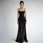 LIZAKOSHT - Drawstring Split Grommet Lace Up See Through Mesh Patchwork Maxi Dress Women Spaghetti Straps Ruffles Backless Party Clubwear