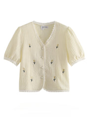 LIZAKOSHT - Sweet Girl French Embroidery V-neck Short-sleeved Shirts Women's Spliced Lace Edged Casual Slimming Age-reducing Blouse Tops