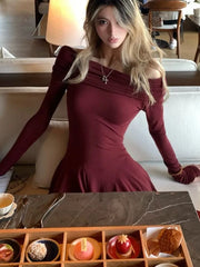 LIZAKOSHT - Sexy Slash Neck Short Dresses for Women Long Sleeves Slim Ruffles A-line Evening Party Dress Korean Chic Mini Vestidos Mujer New