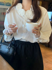 LIZAKOSHT - White Shirts Florals Chic Sweet Solid Cotton New Mujer Spring Full Sleeve 2024 Casual Office Lady Work Wear Loose