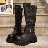 LIZAKOSHT - Brand New Winter Vintage Brown Platform Boots Women Gothic Black Chunky Heels Knee High Boots Women Motorcycle Boots Shoes