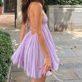 LIZAKOSHT - Purple Chiffon Backless Sleeveless Sundress Elegant Sexy Deep V Neck A-line Mini Dress Summer Beach Vacation Outfits