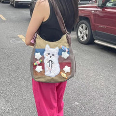 LIZAKOSHT - Harajuku Cat Shoulder Bags Women Vintage Embroidery Patchwork Casual Tote Bag Handbag Female Sweet Y2k Bags Aesthetic