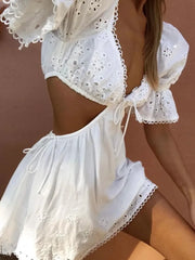 LIZAKOSHT - Woman Short Puff Sleeve V neck White Holiday Cotton Robe Sexy Embroidery Hollow Out Flower Slit Waist Backless Mini Dress