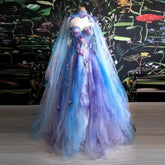 LIZAKOSHT - Colorful Fairy Tulle Prom Dress with Cape Floral Applique Sweetheart Layered Puffy Long Evening Party Gowns Robes