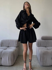 LIZAKOSHT - Women's Ruffle Edge Shorts Long Sleeved Set Lapel V-neck Casual Shirt Single Breasted Elastic Cuffs Top Women's Clothing