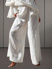 LIZAKOSHT - Solid White Casual Pants for Women Cotton and Linen Pants Elegant High Waisted Loose Female Clothes Wide Leg Trousers