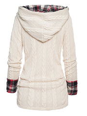 LIZAKOSHT - Twisted Cable Knit Plaid Print Hooded Sweater Mock Button Ruched Shawl Neck Sweater