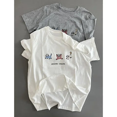 LIZAKOSHT - Korean Style Cat Embroidery Short Sleeve Crew Neck T-Shirt Casual Summer New White Women's Top Fashionable Girl's Clothing