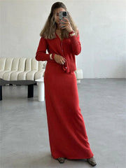 LIZAKOSHT - Knit Solid 2 Piece-Set Maxi Skirt For Women Slim V-Neck Fashion Long Sleeve Cardigan And Long Skirt Sets Ladies Outfits