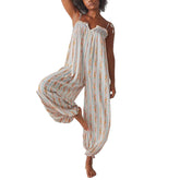 LIZAKOSHT - Women Summer Cami Jumpsuits Retro Floral Print Tie-Up Spaghetti Strap Sleeveless Long Rompers Fashion Loose Playsuits