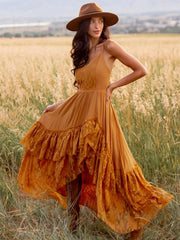 LIZAKOSHT - Summer Flowy Beach Dress Sleeveless Slip Maxi Dresses Boho Styles Solid Color Lace Ruffled Sundress Mujer Vestidos 2025