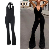 LIZAKOSHT - Summer V-Neck Halter Jumpsuit Women's Sleeveless Stretchy Wide Leg Romper Sexy Bodycon One Piece Jumpsuit Outfit