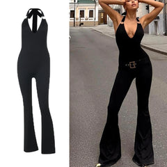 LIZAKOSHT - Summer V-Neck Halter Jumpsuit Women's Sleeveless Stretchy Wide Leg Romper Sexy Bodycon One Piece Jumpsuit Outfit
