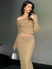 LIZAKOSHT - Off-shoulder Pleated Striped Women's Tops Skirts Sets Elegant Solid Color Long Sleeve Pullover Women Casual Long Skirt Set
